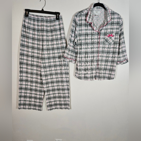 Karen Neuburger size S pajama set pant button up top pink/grey plaid soft - Picture 11 of 11